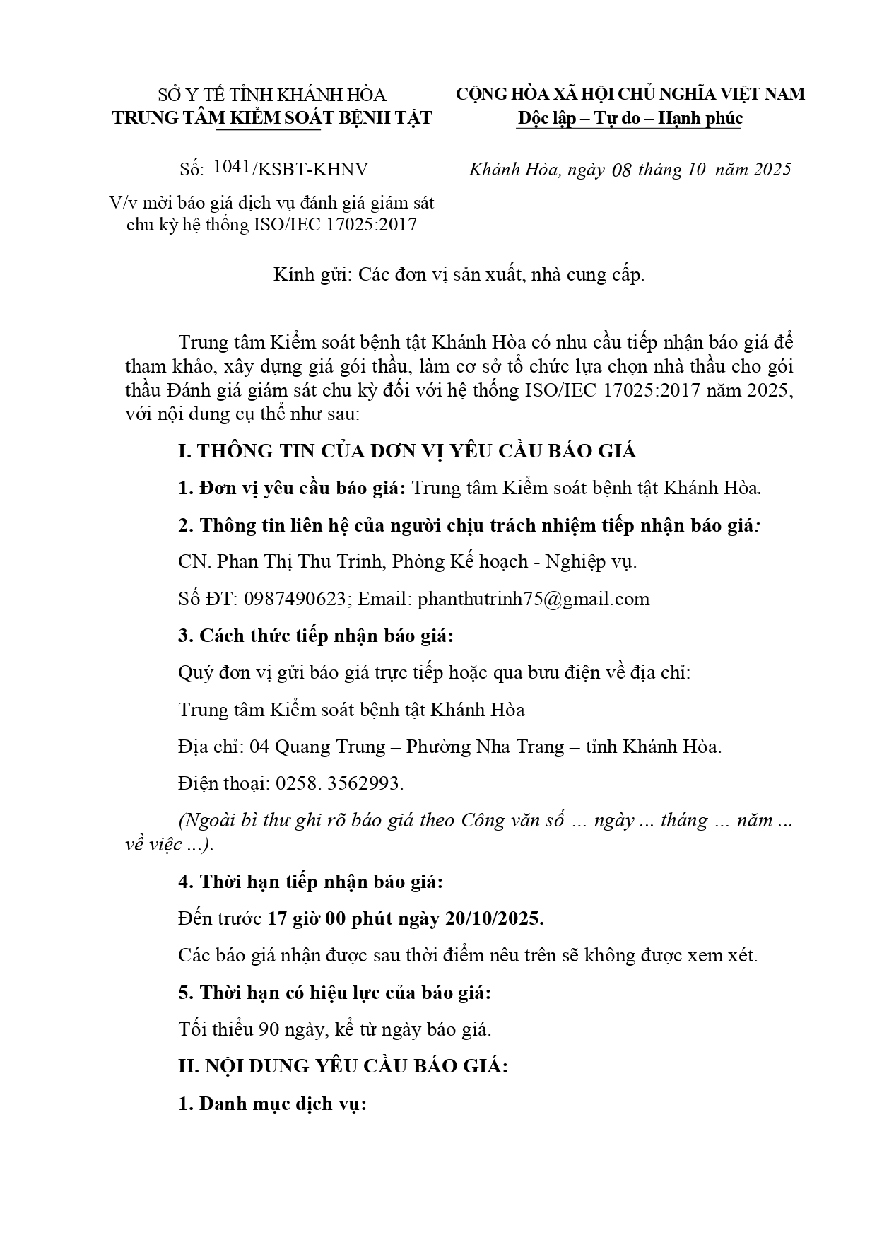 V/v mời báo giá dịch vụ đánh giá giám sát chu kỳ hệ thống ISO/IEC 17025:2017